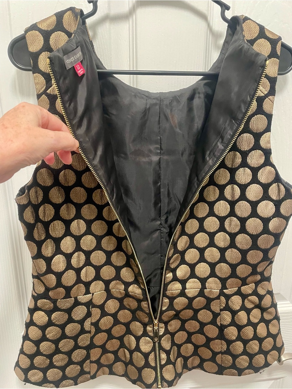Vince Camuto Sleeveless Black and Gold Polka Dot Peplum Top - Picture 3 of 4